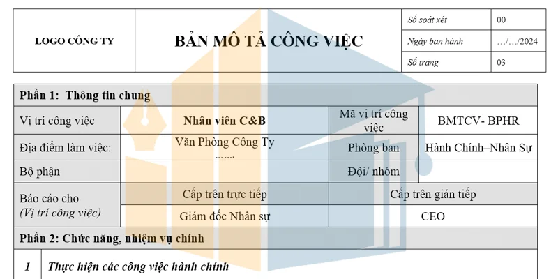 Mẫu mô tả công việc của nhân viên C&B